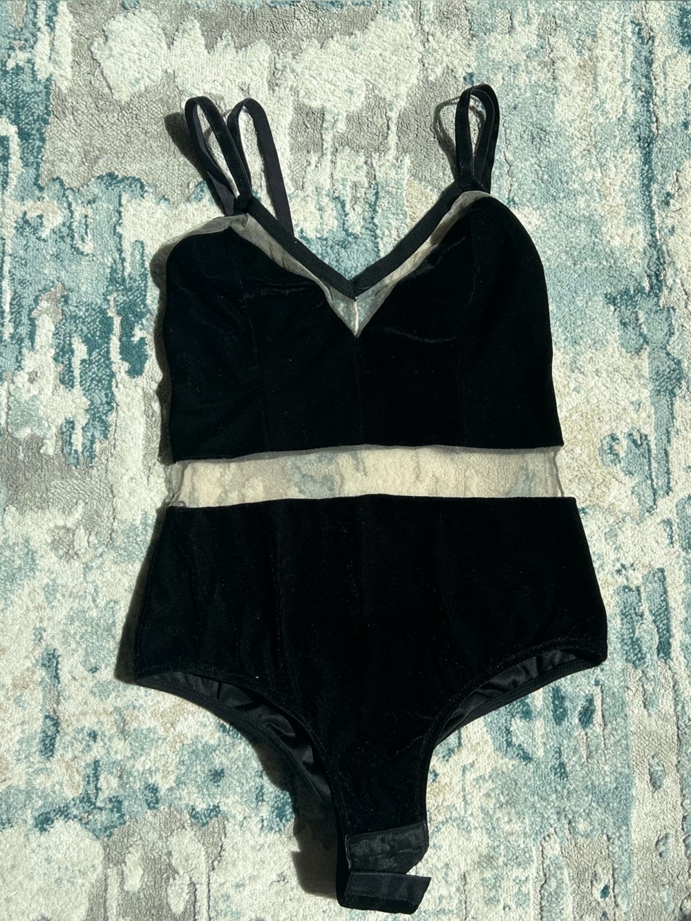 Black Velvet Bodysuit with Sheer Mesh Detailing